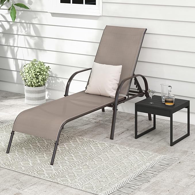 Giantex Patio Lounge Chair, Outdoor Chaise Lounge with 5 Adjustable Backrest, Sturdy Metal Frame, Sunbathing Recliner, Tanning Chairs for Outside, Beach, Yard, Balcony, Poolside, Brown