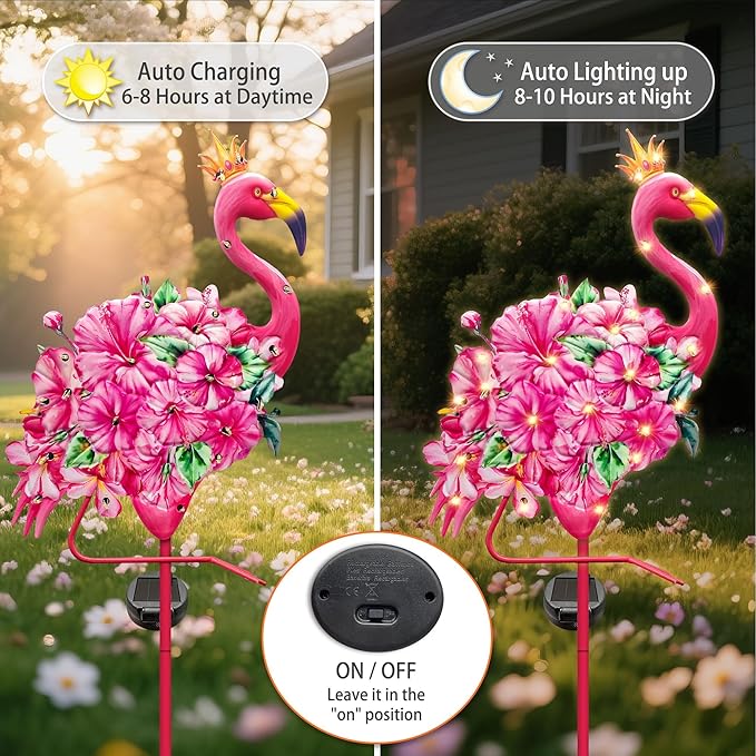 Hexagram Flamingo Yard Decor, Flamingo Solar Lights Outdoor with 2 Pack, Pink Metal Garden Solar Stake Lights, Outside Stakes Decorations for Patio Pathway Lawn