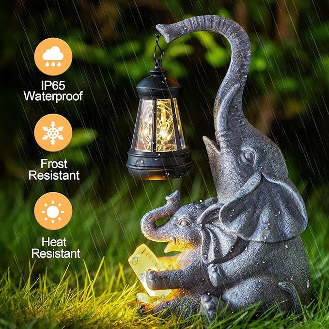 Solar Garden Statue Lights Loving Elephants Figurine with Solar Lantern, Outdoor Yard Decorations for Patio Porch Home, Housewarming Elephant Gifts for Mom, Women