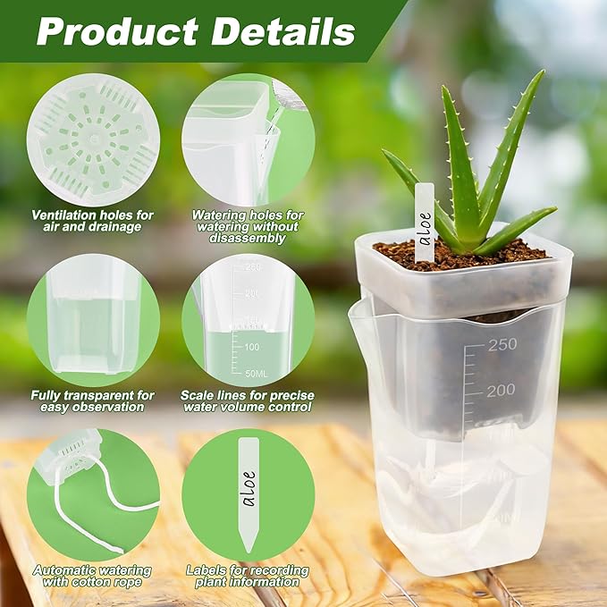 12 Pack Self Watering Pots Set for Indoor Plants, 2.5" Small Clear Self Watering Planters with Watering Holes Plastic Flower Pot with 12 Labels, 12 Ropes