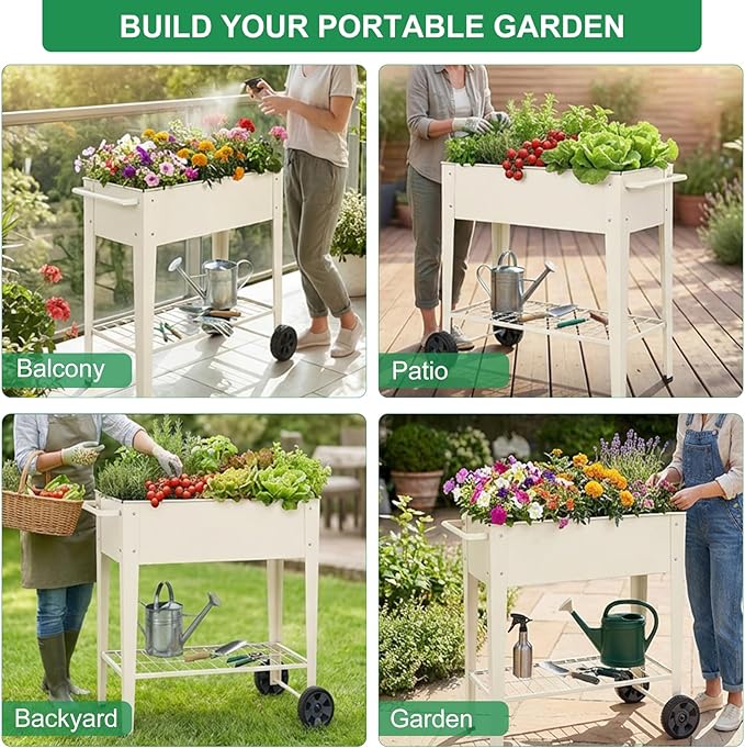 Elevated 32" Tall Raised Garden Bed with Legs and Wheels for Mobility, Metal Planter Boxes Outdoor with Shelf, Raised Bed for Gardening Vegetables/Herbs, Backyard, Patio, Balcony, White