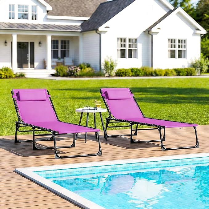 Outsunny Folding Chaise Lounge Chair Set of 2, Patio Sun Tanning Chair, Outdoor Chaise Lounger with 4-Position Reclining Back, Breathable Mesh Seat for Beach, Poolside, Yard, Purple