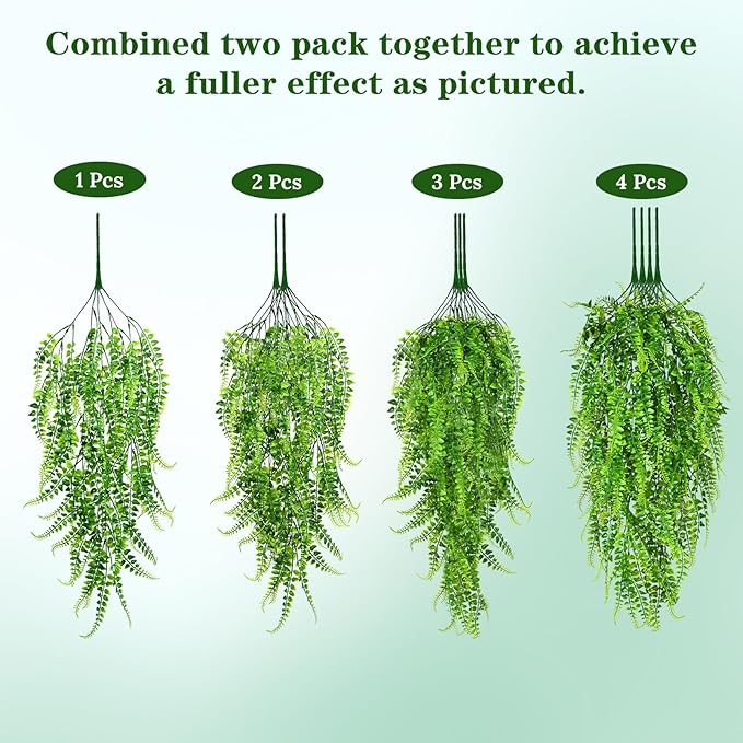 Waipfaru 4Pcs Fake Ferns Fake Hanging Plants Artificial Ferns for Outdoors，UV Resistant Plastic Fake Plants for Indoor Wall Porch Wedding Party Holiday Decor