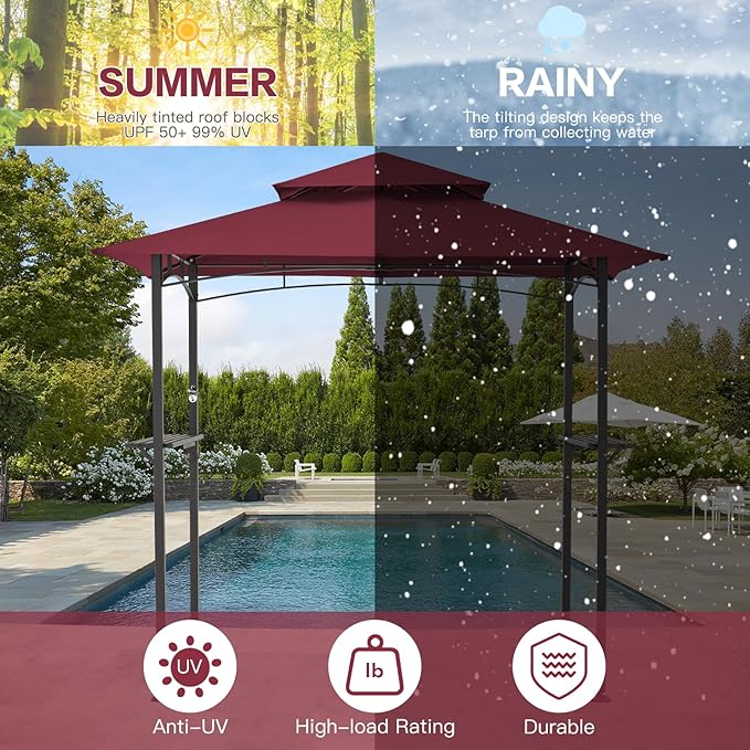 AECOJOY 8' x 5' Grill Gazebo, Grill Canopy for Outdoor Grill, 2- Tier BBQ Gazebo Shelter for Patio, Backyard and More (Wine Red)