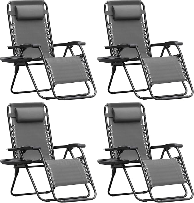 Homall Zero Gravity Chair Patio Folding Lawn Outdoor Lounge Gravity Camp Reclining Lounge Chair with Cup Holder Pillows for Poolside Backyard and Beach Set of 4 (Grey)