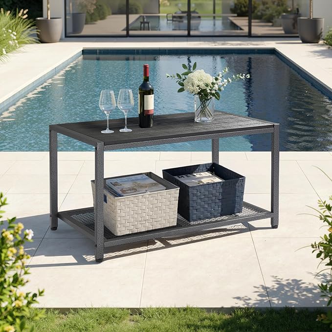 VINGLI Outdoor Coffee Table with Double-Layer Storage, Rectangle Weather-Resistant Patio Coffee Table for Garden, Balcony, Hot Tub, Poolside, Heavy-Duty Metal Frame, Black Modern Design