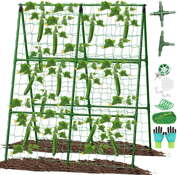 Cucumber Trellis for Raised Beds, 31 X 47 Inch Adjustable Size A-Frame Garden Trellis for Climbing Plant Outdoors with Climbing Net and Plant Support Clip for Vegetable Grape Tomato Garden Supplies