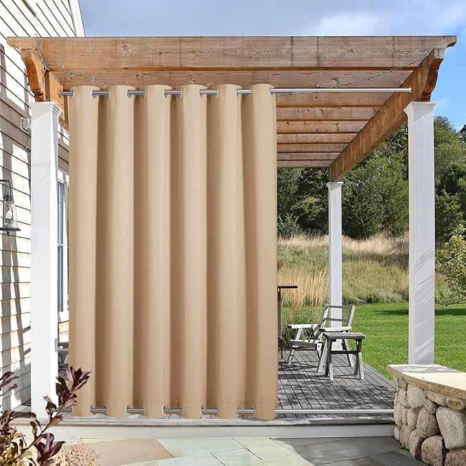NICETOWN Outdoor Curtain for Patio Waterproof & Windproof, Thermal Insulated Top and Bottom Fixed Rustproof Grommets Light Block Outdoor Drape for Pergola, Biscotti Beige, 1 Panel, W84 x L95