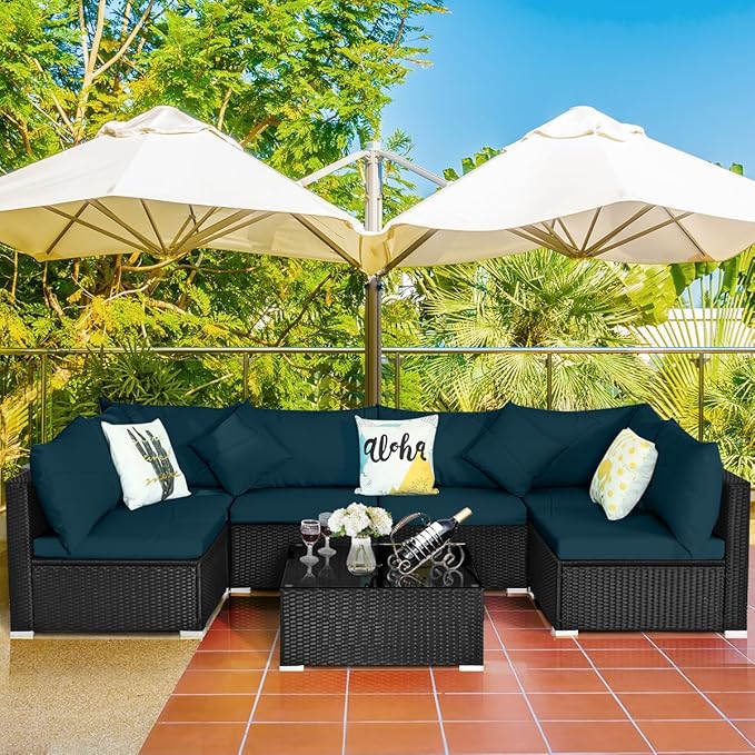 Tangkula 7 Piece Patio Furniture Set, Outdoor Wicker Sectional Sofa with Pillows and Cushions, and Coffee Table, Patio Conversation Set for Garden, Lawn (Peacock Blue)
