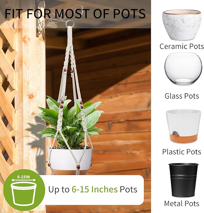 Macrame Plant Hanger - Fits 6 to 15 inches Pots for Indoor Outdoor, 43 Inch, Set of 2, Ivory (POTS NOT Included)