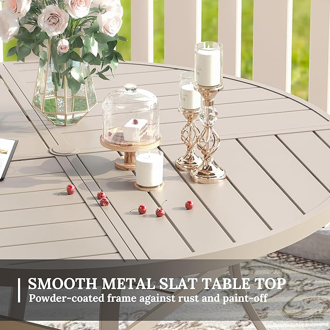 VICLLAX Round Patio Table with Adjustable Umbrella Hole for 6, All Weather Metal Outdoor Dining Table for Lawn Garden, 47.2" Outdoor Coffee Table, Cream Color Frame