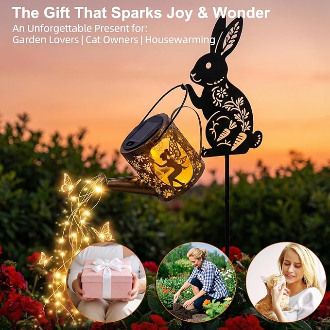 Solar Watering Can Light with Bunny Silhouette Stake & Fairy Design - Cascading LED String Light for Garden Yard Patio Decor, IP65 Waterproof Outdoor Gift for Mom, Women, Birthday, Housewarming