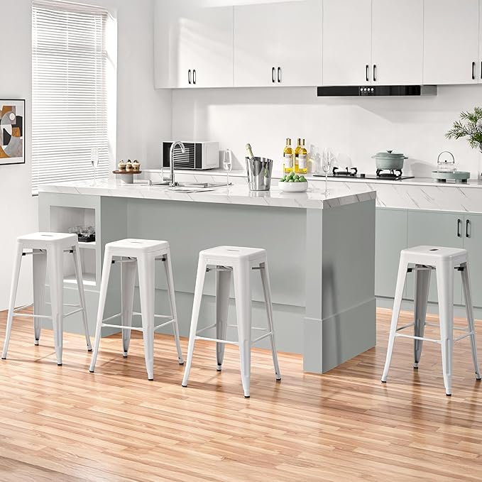 Yaheetech 30 Inch Metal Bar Stools Set of 4, Bar Height Backless Bartools, Industrial Stackable Bar Chairs with Footrest for Kitchen/Dining Room/Bistro/Patio, White