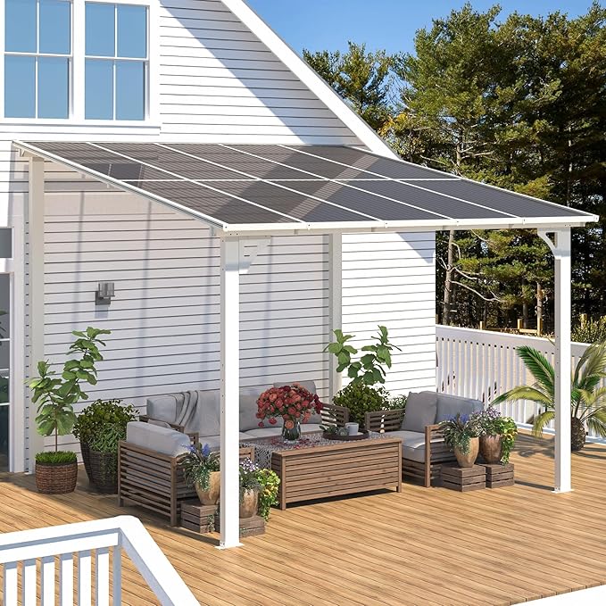 AECOJOY 10' x 10' Pergola Gazebo in White, Small Wall Mounted Pergolas and Gazebos on Clearance, Outdoor Patio Lean to Gazebo Metal Awnings for Deck, Porch, Backyard and More