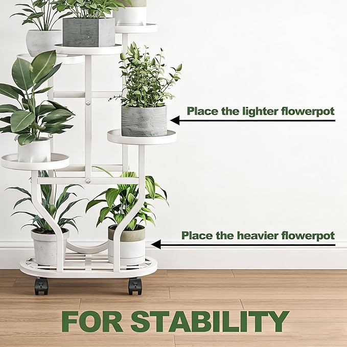 Plant Stand with Wheels 6 Tier Metal Flower Shelf for Indoor Outdoor Corner Multiple Plants Holder Rack for Bedroom Living Room Garden Balcony Yard White (White, 6 Tier)