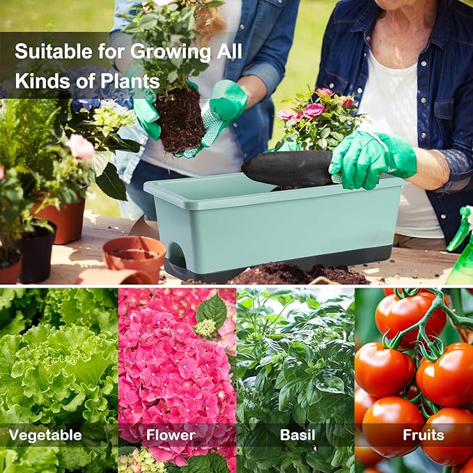 Window Box Planter 8 Pcs, 17 Inches Rectangle Flower Pots with Drainage Holes & Trays, Vegetable Planters for Windowsill Patio Garden Balcony Home Indoor Outdoor (Green, 16 * 7 * 6 inch)