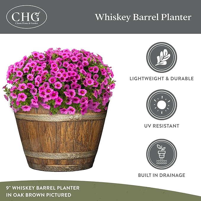 Classic Home and Garden Whiskey Barrel Planters - Home Flower Planter Pot - Decorative Garden Pots - Indoor & Outdoor Resin Planters - Weather-Resistant Planting Pots (15" Oak Brown, Pack of 1)
