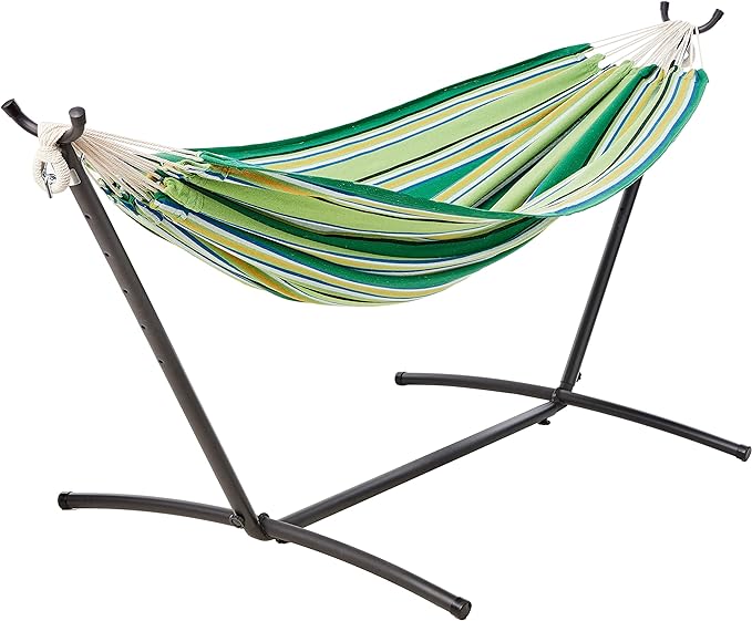 Amazon Basics Double Hammock with 9-Foot Space Saving Steel Stand and Carrying Case, 450 lb Capacity, Vigor Green, 110" x 47" x 43"