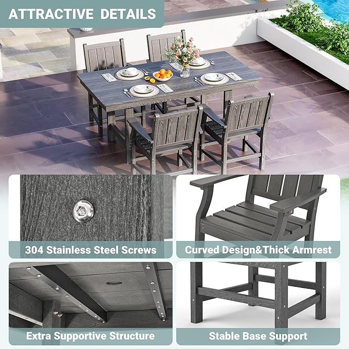 Pamapic 5-Piece Outdoor Dining Set, HDPE Outdoor Rectangular Table and 4 Chairs, Wood Grain Patio Furniture Sets with Armrest, All-Weather Patio Dining Table with Umbrella Hole, Gray