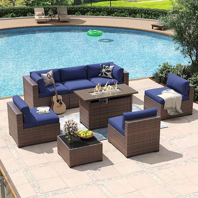 Aoxun 8-Piece Outdoor Patio Furniture Set - 44” Fire Pit Table, Durable Wicker Rattan Sectional Sofa with Coffee Table, Comfy Thickened Cushions, Blue (Waterproof Cover Included)