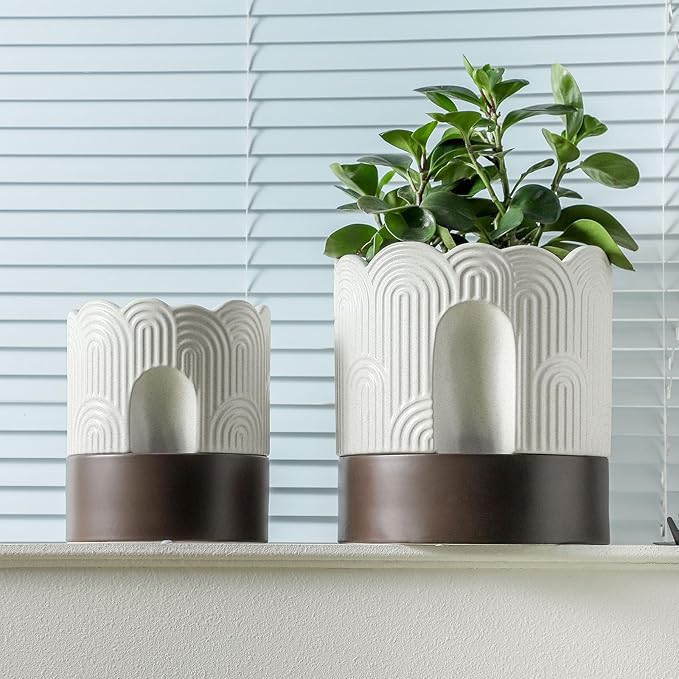 Nihow Self Watering Plant Pot Set: 6 Inch & 8 Inch Ceramic Planter with Drainage Hole & Water Storage Plus - Relief Design Self Watering Pot for Indoor Plants - Beige & Brown Flower Pot -Set of 2