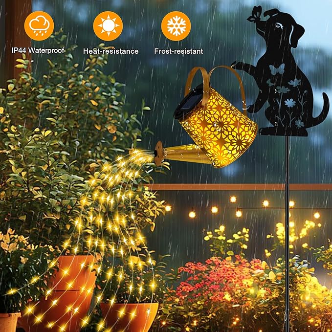 Solar Lights Outdoor Decorative, Watering Can with Cascading Lights, with Dog Silhouette Garden Stakes, Waterproof Metal Garden Decor 2 Pack