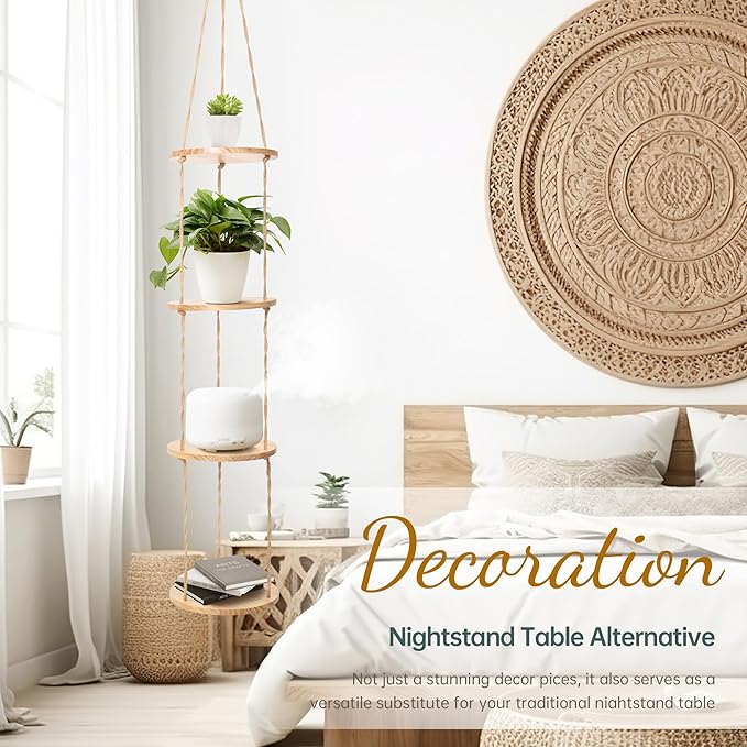 Hemp Rope Hanging Plant Shelf from Ceiling for Narrow Space Boho Hanging Plant Shelves, Natural Pine Wooden Plant Stand Display for Indoor, Outdoor, Corner, Balcony, Living Room and Bedroom