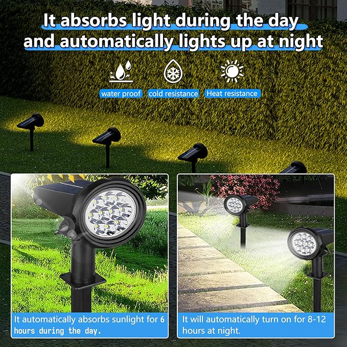 Solar Spot Lights Outdoor，Solar Lights Outdoor Waterproof IP68，Dark Sensing Auto On/Off，Suitable for Garden, Corridor Landscape Lighting and Flag Lighting (Warm White, 2-Pack)