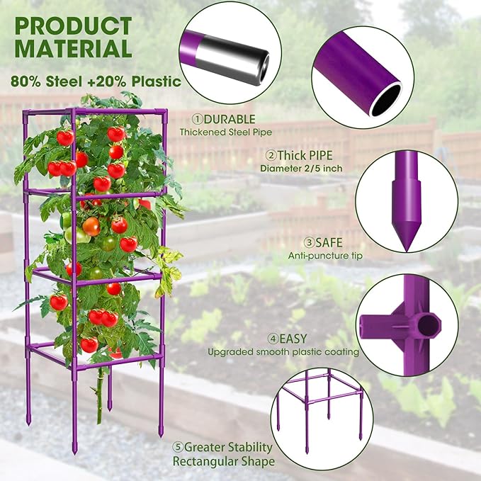 3 Pack Tomato Cages, Square Tomato Plant Stakes Support Cages Trellis for Garden Climbing Vegetables Flowers Fruits,Extra Bold,Purple