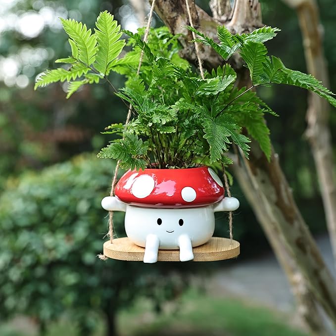 Fungi Fun Mushroom Hanging Planter Pot, Cute Ceramic Swing Face Planter for Indoor & Outdoor, Unique Mushroom Planters for Succulents, String of Pearls Plant, Small Hanging Planters Red & White