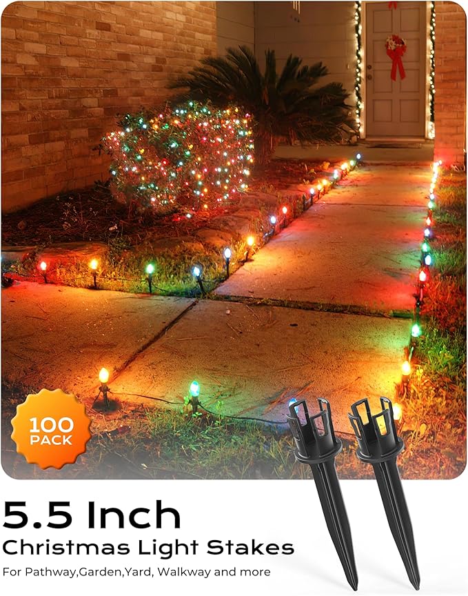 100-Pack Christmas Light Yard Stakes, 5.5 Inch Lighting Stakes for C7 C9 Christmas Lights Outdoor, Universal Yard Stakes for Outdoor Holiday Lights Use on Garden Lawn Patio Pathway Walkway – Black