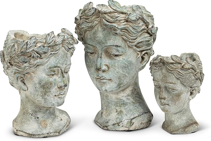 Abbott Collection Goddess Head Planter – Small Cement Indoor and Outdoor Planter Pot – Grecian Woman Statue Head Planter for Flowers and Succulents (Grey, 8.5" Tall, 3.5" Opening)