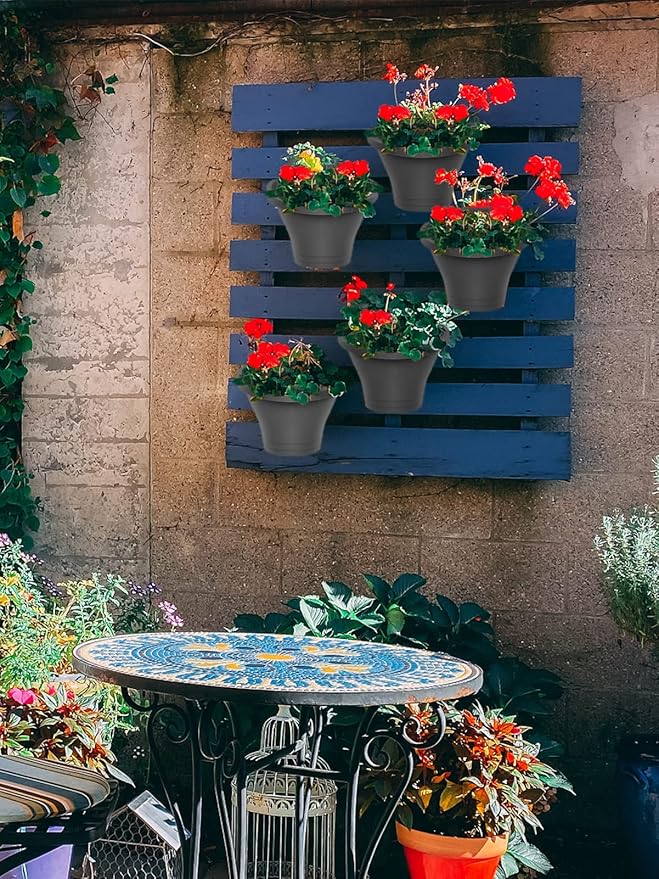MADHOLLY 6Pcs Vertical Hanging Planters for Outdoor Plants - Wall Plant Holder for Indoor Decorations Garden Fence, Plastic Flower Pots with Drainage Grid and Hooks (Gray)