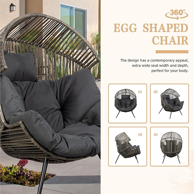 Vongrasig Outdoor Wicker Egg Chair PE Rattan Chair with Cushion, Oversized Patio Lounge Chair for Outdoor, Indoor, Balcony, Backyard, Garden, Black/Rattan