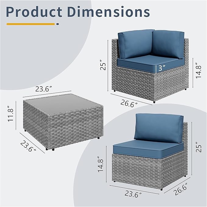 SUNLEI 5pcs Patio Furniture Sets Conversation Set, Low Back All-Weather Rattan Sectional Sofa with Tea Table&Washable Couch Cushions, Outdoor Furniture Set (Silver Rattan)