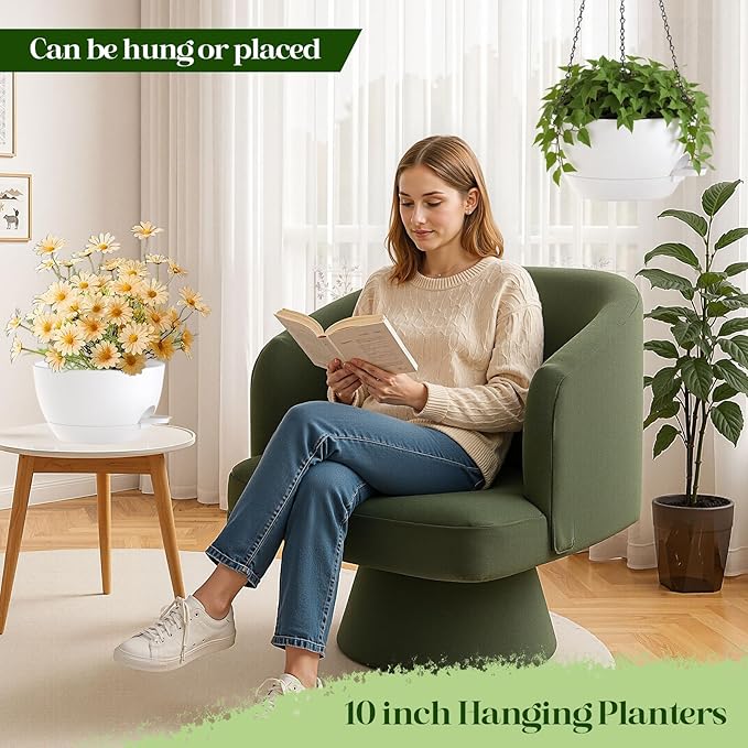 2 Pack 10 Inch Self Watering Hanging Planters for Indoor Plants, Large White Plastic Hanging Pots with Chains for Outdoor Patio Garden Home Decor (White)