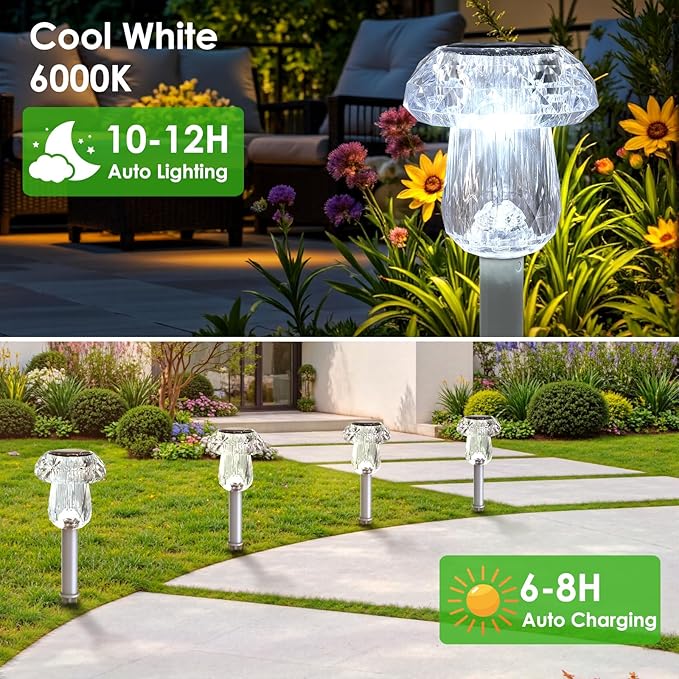 Mancra Solar Lights Outdoor Waterproof, 16 Pack Mushroom Solar Pathway Lights Dusk to Dawn Solar Landscape Lights for Yard, Walkway, Garden Decor, Cool White
