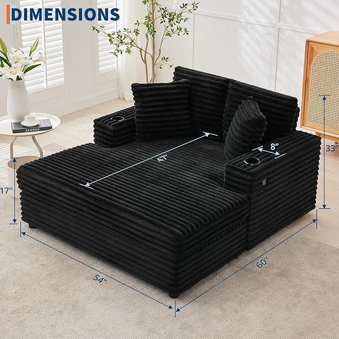 GarveeHome Oversized Chaise Lounge Chair Indoor, 56x60 in Comfortable Corduroy Lounge Sofa with Charging Ports & Cup Holders, Cozy Reading Couch for Bedroom Living Room Apartment, Black