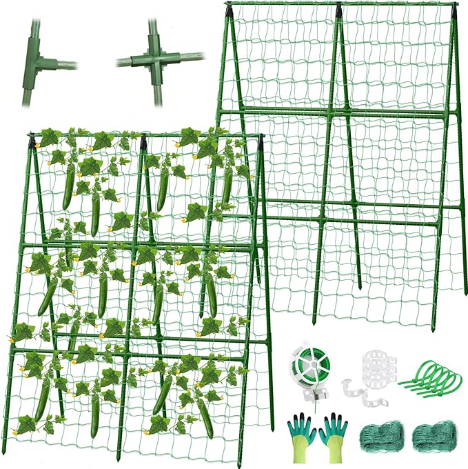 2 Packs Cucumber Trellis for Raised Beds, 31 X 47 Inch Adjustable Size A-Frame Garden Trellis for Climbing Plant Outdoors with Climbing Net and Plant Support Clip for Vegetable Grape Garden Supplies