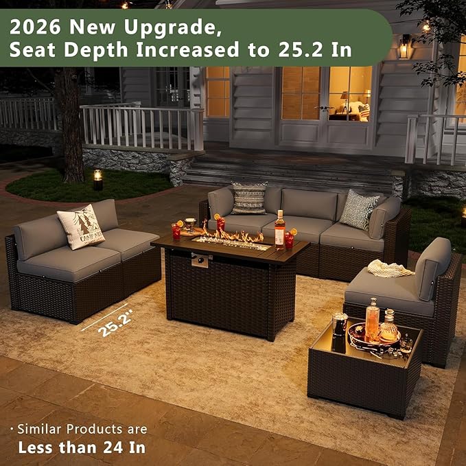 Aoxun 8 Piece Patio Furniture Set with 44” Fire Pit Table, Wicker Rattan Patio Sectional Sofa, Outdoor Furniture Set with Thickened Cushion, Grey