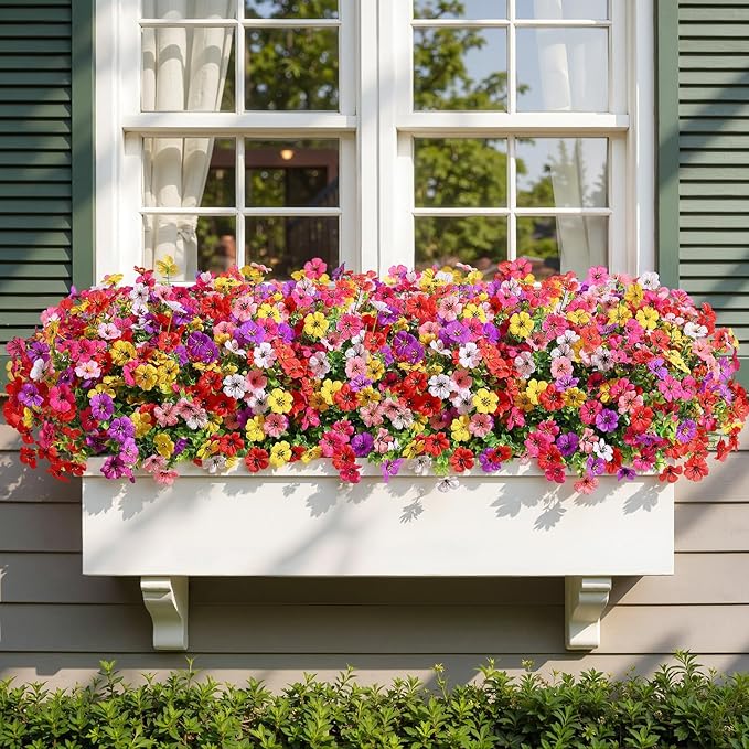 Alupssuc 48 Bundles Artificial Flowers for Outdoors Decoration, UV Resistant Silk Faux Daisy Flora Spring Fake Plastic Plants Greenery for Outside Indoor Yard Home Porch Window Box Decor, Mix 6 Colors