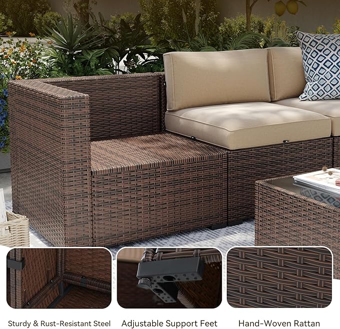 Aoxun Patio Furniture Sets, 7-Piece Outdoor Patio Furniture with Thick Cushions, Wicker Outdoor Conversation Set Sectional Sofa for Backyard, Poolside, Garden(Cream-Browm, 7 x 25.6 - Seats)