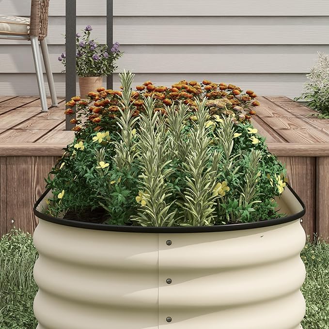 Outsunny 6.5' x 2' x 1.4' Galvanized Raised Garden Bed Kit, Outdoor Metal Elevated Planter Box with Safety Edging, Easy DIY Stock Tank for Growing Flowers, Herbs & Vegetables, Cream