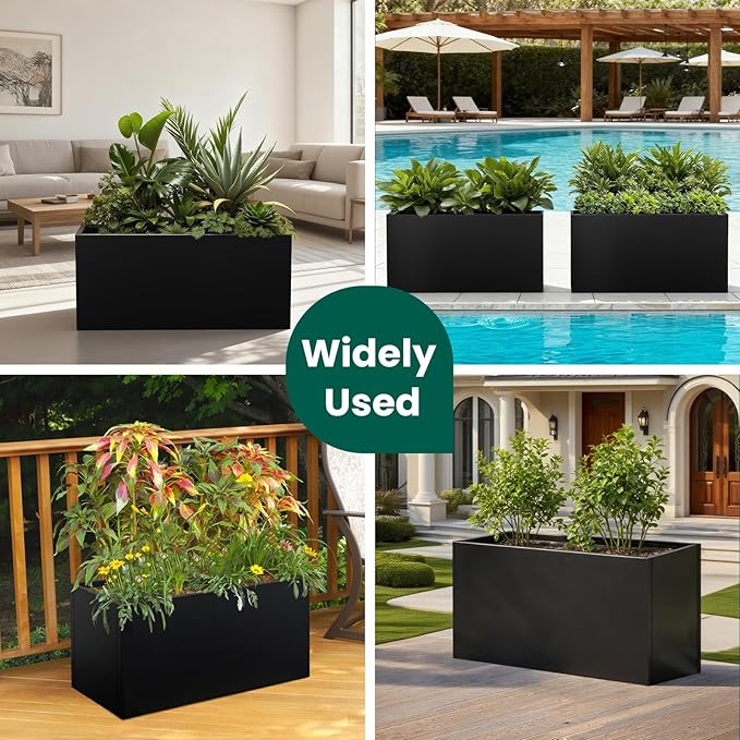 Black Planter Box Galvanized Steel Rectangular Metal Planter 36" L x 12" W x 16" H Indoor Large Outdoor Planters Steel Metallic Heavy Flower Pot Commercial Residential for Patio, Backyard, Garden