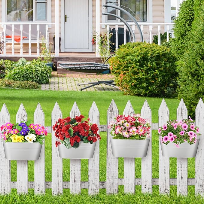 MADHOLLY Railing Planter with Drainage Holes - Sturdy Bucket Pots for Railing Fence, Countryside Style Metal Flower Pots for Herbs Balcony Garden Yard Decor, 4Pcs, White