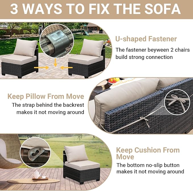 Jing's Villa 6-Piece Patio Furniture Set, All-Weather Outdoor Wicker Sectional Sofa with Cushions, Glass Table & Left and Right Armrest, Rattan Conversation Seating for Porch, Garden, Backyard,Beige