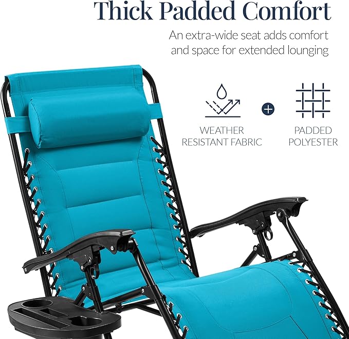 Best Choice Products Oversized Padded Zero Gravity Chair, Folding Outdoor Patio Recliner, XL Anti Gravity Lounger for Backyard w/Headrest, Cup Holder, Side Tray, Polyester Mesh - Aqua Blue