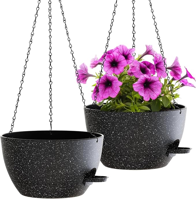 WOUSIWER Self Watering Hanging Planters, 2 Pack 12'' Plastic Pots with Drainage Holes & Reservoir Tray (Speckled Black) | Indoor & Outdoor Use for Ferns, Ivy, Herbs, Succulents