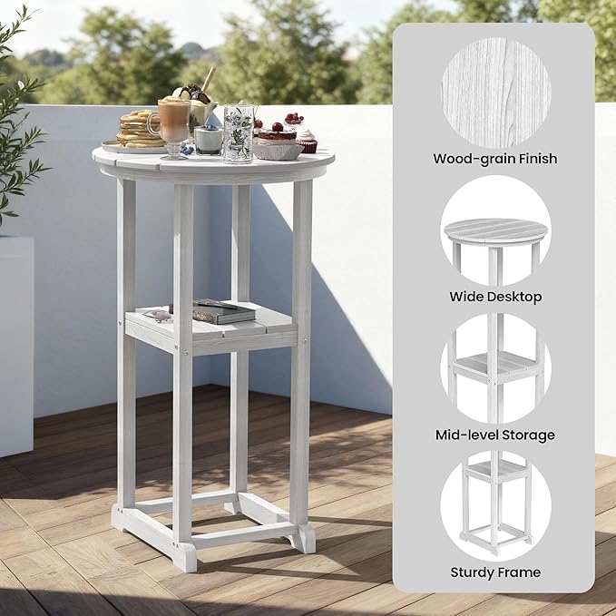 Ciokea 3-Pcs Bistro Table and Chairs, All-Weather Round High Top Bar Table with Storage Shelf and 2 Oversized Adirondack Chairs, Heavy Duty Outdoor Bar Set Patio Bistro Set for Balcony Deck, White