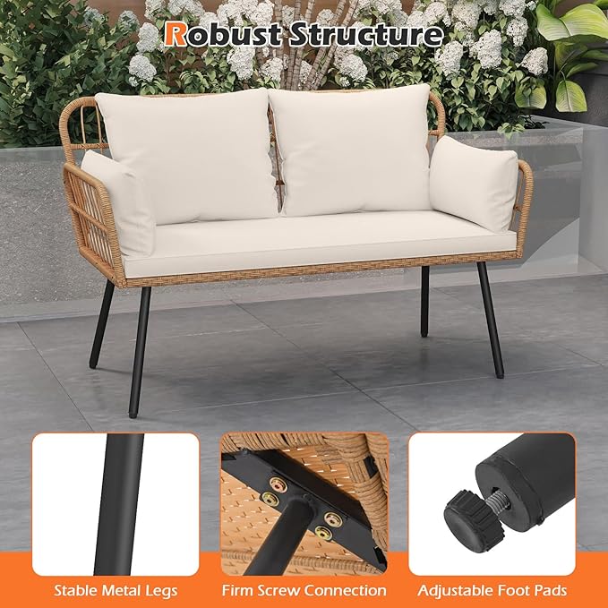 Tangkula Patio Wicker Loveseat, Outdoor Rattan 2-Seat Cushioned Sofa with Heavy Duty Metal Frame, for Backyard,Porch,Poolside (Off White)